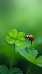 Fototapeta premium Ladybug exploring four-leaf clover in morning fog, small, mist, natural