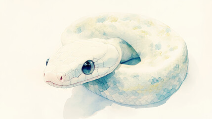 Fototapeta premium charming watercolor depiction of white snake with large eyes