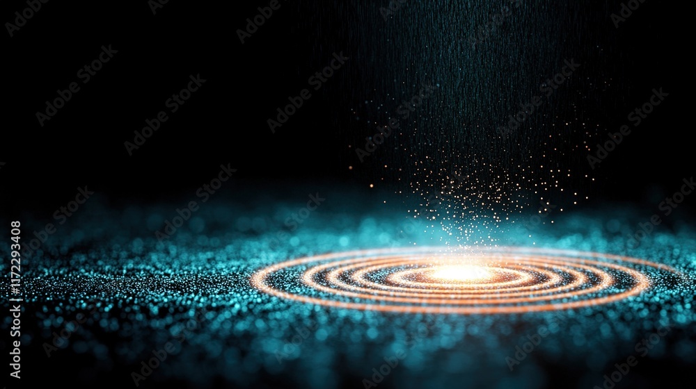 Poster ethereal light rays creating circles of dust in dark background