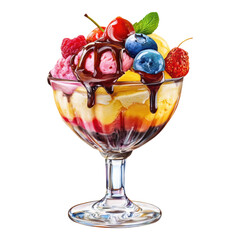 Delicious ice cream sundae with fresh fruits and berries in a bowl isolated on transparent background.