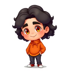 Adorable Cartoon Boy with Orange Hoodie and Dark Hair A Digital Drawing of a Cute Anime Style Character