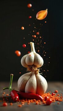 Flying garlic particles suspended in air with a red chili pepper on the ground, kitchen, culinary