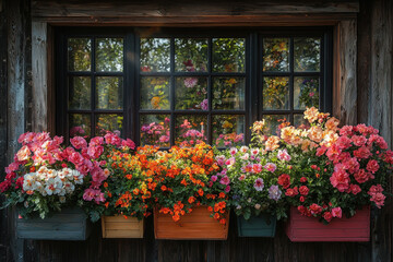 Fototapeta premium Colorful window box flowers on rustic cabin, garden reflection, sunlit