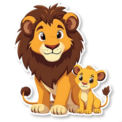Charming Cartoon Illustration of a Majestic Lion and Its Playful Cub in a Joyful Scene