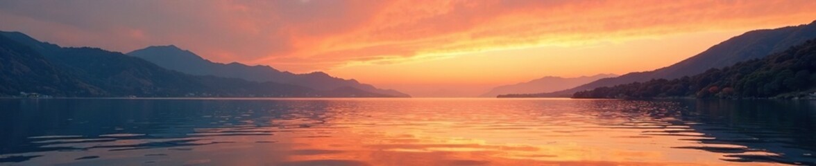 Warm orange hues dance across the bay's calm waters as mountains rise in the distance, water,