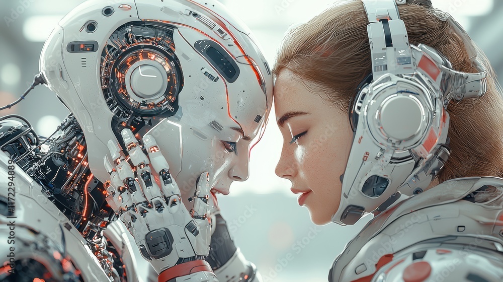 Poster human-robot interaction futuristic lab digital art high-tech environment close-up connection concept
