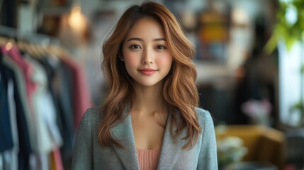 Young woman with wavy hair posing confidently in a stylish outfit