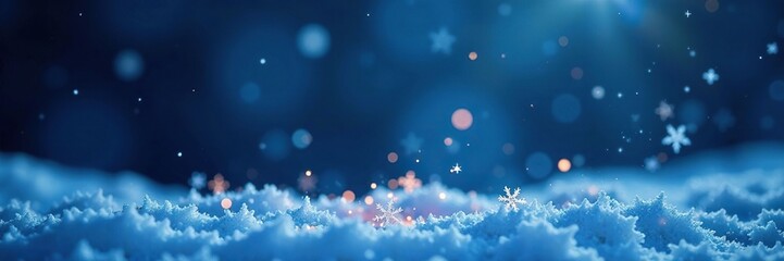 Naklejka premium Delicate snowflakes fall on a dark blue background as a single light shines bright, winter, light