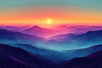 Obraz premium Vibrant mountain sunrise panorama with layered peaks and colorful misty valleys