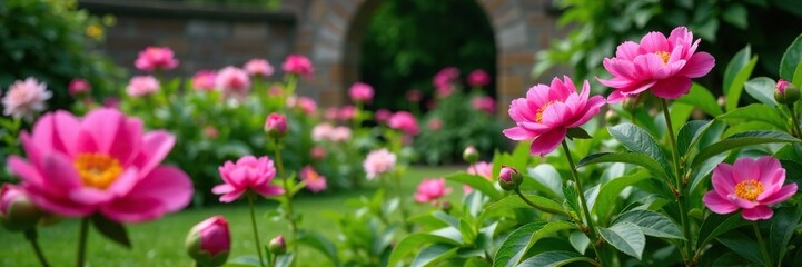 Colorful peonies in a lush garden with a stone wall, garden, verdant, floral