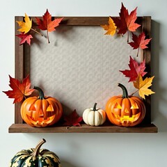 Carved pumpkins and fall leaves on a wooden plank wall hanging, pumpkins, leaves, cozy