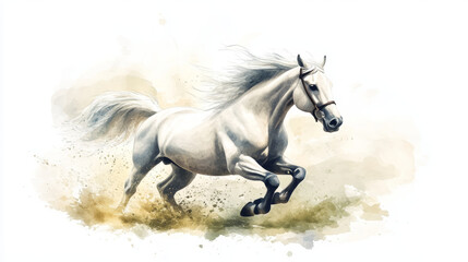 stunning watercolor painting of galloping white horse in motion, showcasing its grace and power