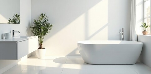 Fototapeta premium Soft light pours over white tile bathroom with a sleek bath object, clean, white