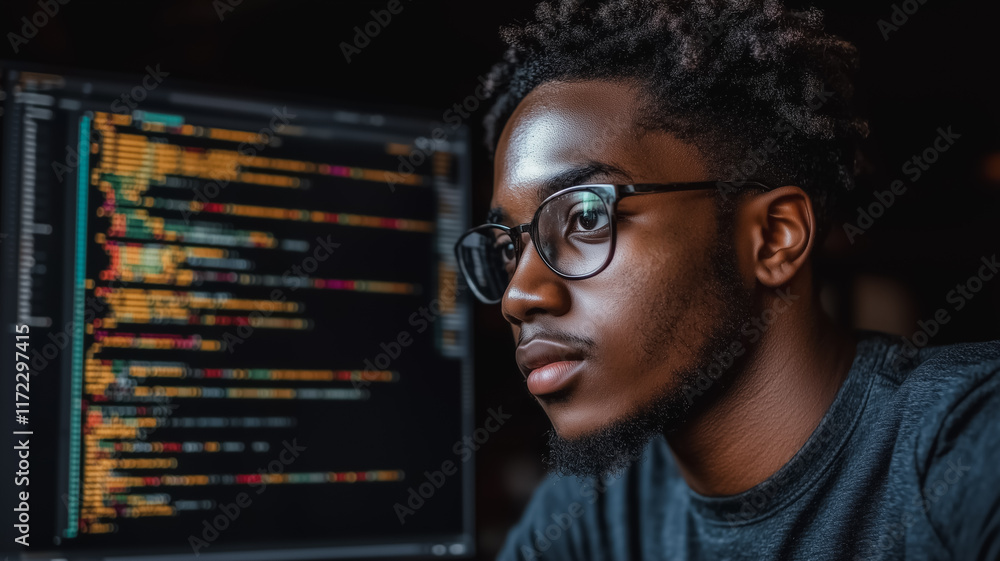 Poster the code whisperer: a focused programmer gazes intently at a screen filled with lines of code, his e