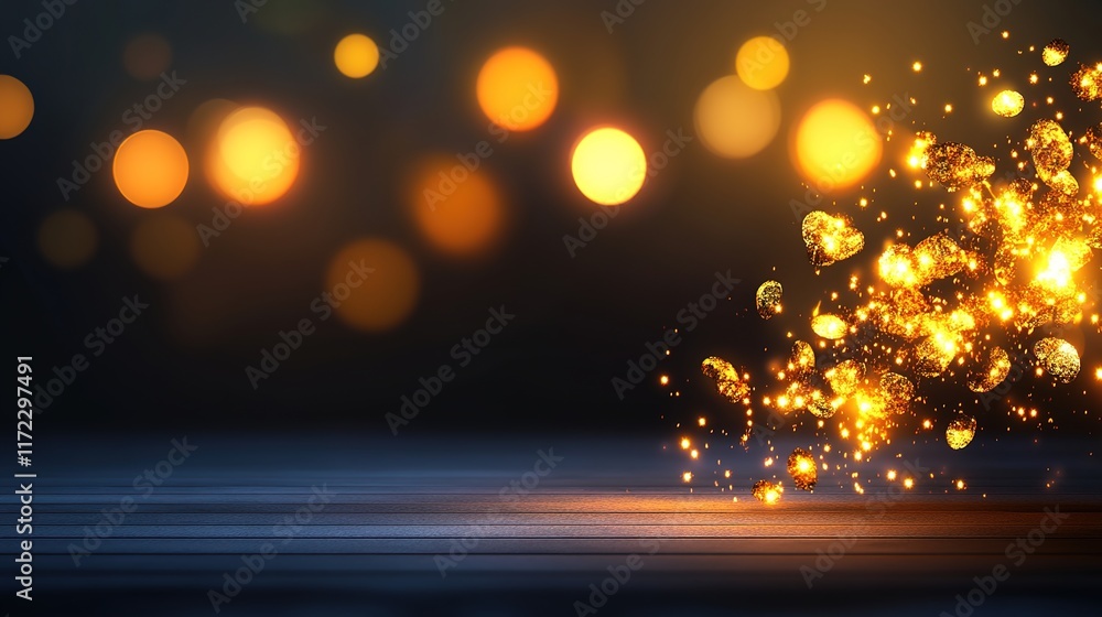 Poster glowing golden particles with bokeh effect on dark background