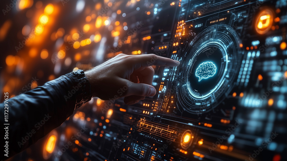 Poster neural network interface: a hand reaches out to activate a futuristic digital brain interface, glowi