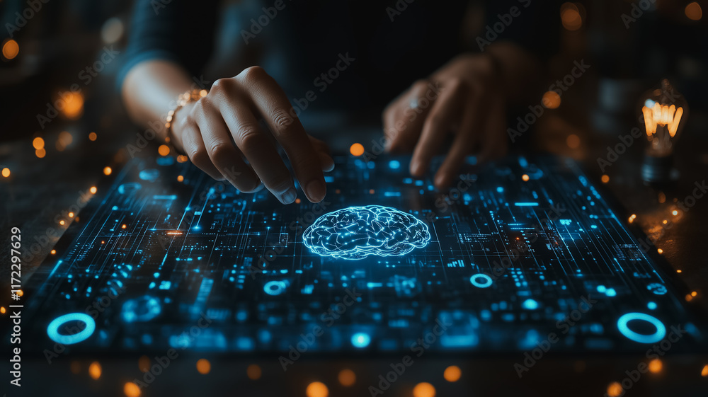 Poster unveiling the neural network: a close-up shot of hands interacting with a futuristic holographic int