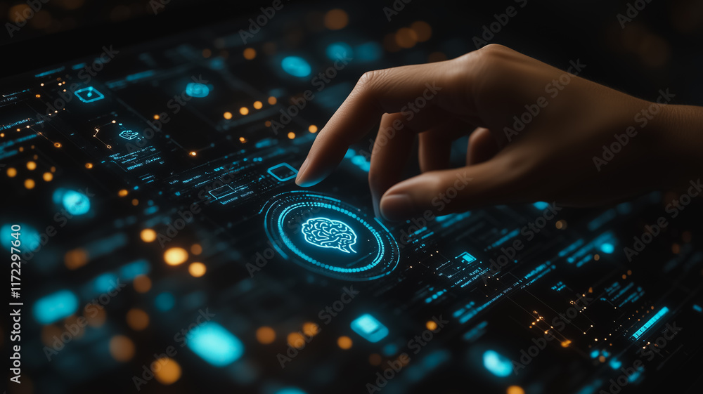 Poster digital brain: a hand interacts with a futuristic touchscreen interface displaying a brain icon, sym