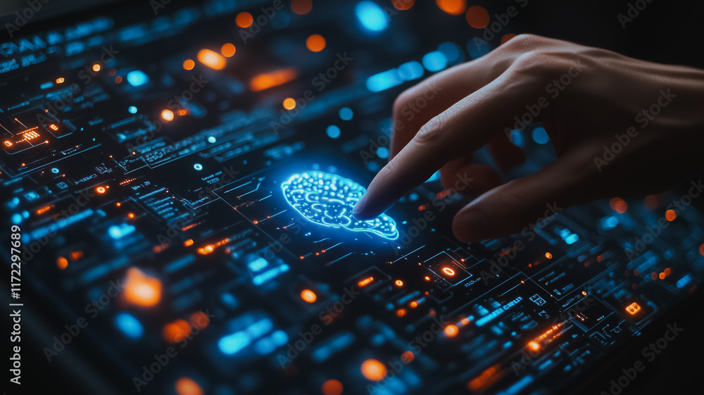 Poster digital brain: a finger taps a glowing digital brain icon on a futuristic, intricate interface, high