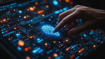 Digital Brain: A finger taps a glowing digital brain icon on a futuristic, intricate interface, highlighting the interconnectedness of technology and human thought in a visually captivating concept.