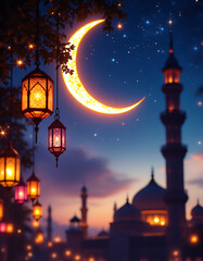 Illuminated Mosque at Night with Crescent Moon and Lanterns