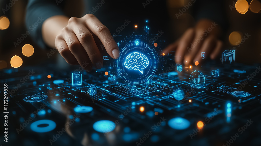 Poster unveiling the digital mind: a close-up shot of hands interacting with a holographic brain, showcasin