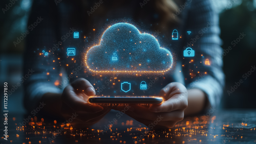 Poster cloud computing: a woman's hand holds a smartphone with a glowing cloud icon and security symbols, r
