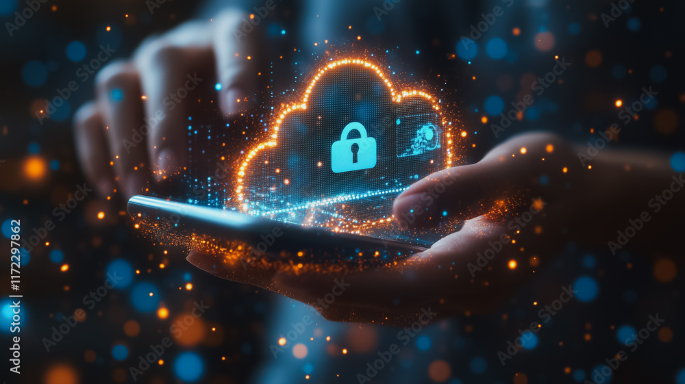 Poster secure cloud access on mobile: hands holding a smartphone displaying a glowing cloud security icon, 