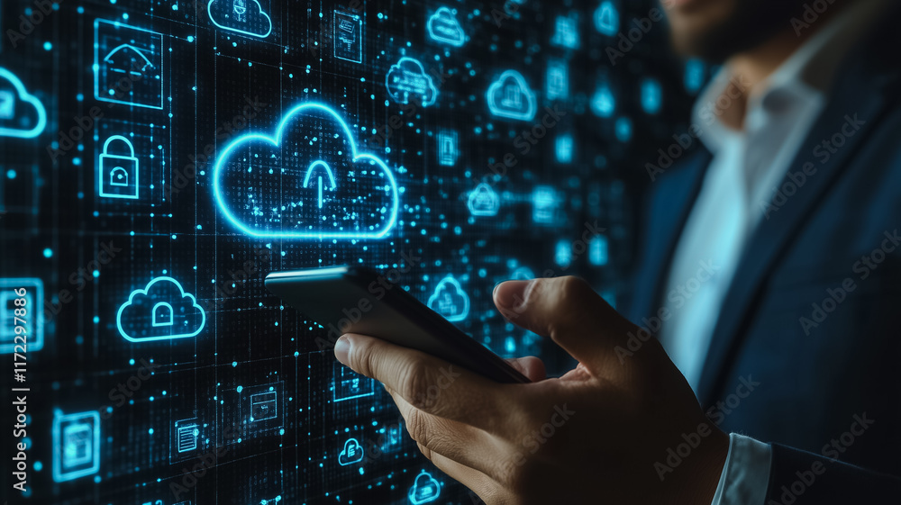 Poster cloud computing: a businessman connects to the cloud via a smartphone, surrounded by digital icons s