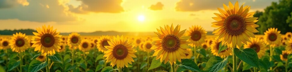 Fototapeta premium sunflowers follow the sun in a light green field, field, blooming, foliage
