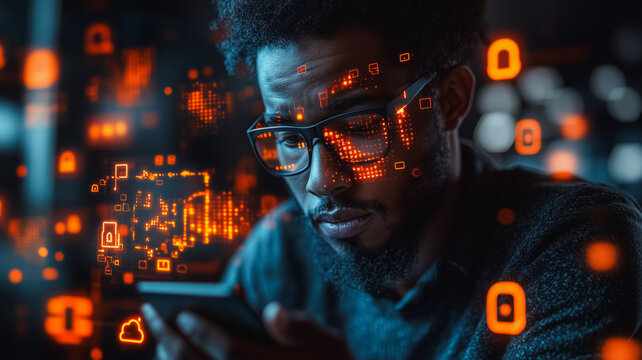 Cybersecurity Specialist at Work: A focused young man, glasses reflecting digital data, engrossed in his smartphone, amidst a futuristic, data-driven environment.