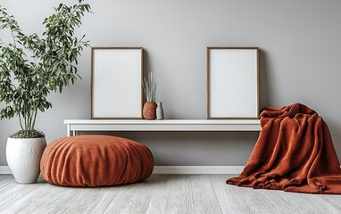 Modern living room interior design, two blank frames, orange decor, calm atmosphere, ideal for home design websites.