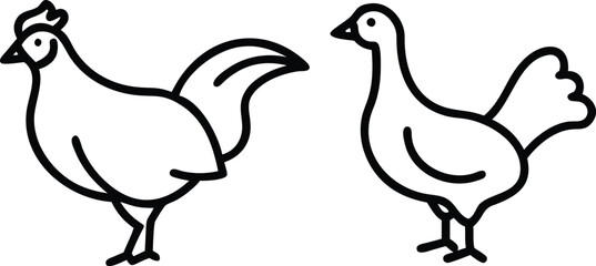 Rooster and Hen Outline Vector Illustration