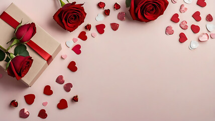 Top view Valentine's Day reveals gift box, red roses, and heart-shaped confetti on pastel pink setting perfect tableau for your heartfelt sentiments in stock photo.