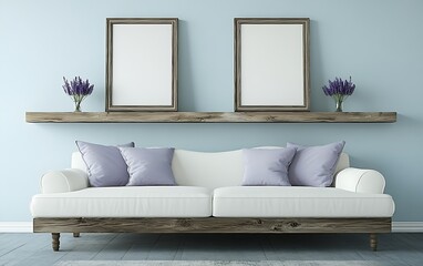 Calm living room interior design, pastel colors, wooden accents, empty frames, lavender.