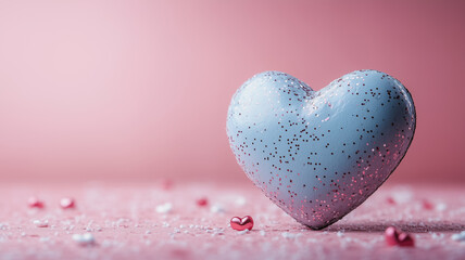 Obraz premium Blue glittery heart on a soft pink background