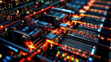 Close-up view of a circuit board with glowing lights and intricate connections, showcasing advanced technology and digital systems.