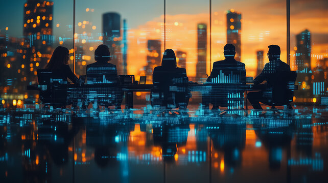 Silhouettes of Success: A team of business professionals strategize and collaborate in a modern, sleek boardroom overlooking a vibrant cityscape. The silhouettes are overlaid with data and graphs.