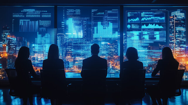 Data Driven Decisions: A team of professionals gathers in a modern office, silhouetted against a panoramic cityscape illuminated by data visualizations.