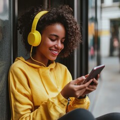 Happy young woman listening music on smartphone.