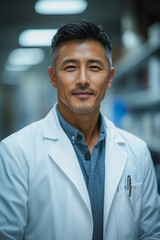 Obraz premium Confident Scientist Portrait: A portrait of a calm and confident Asian male scientist in a lab coat. He exudes professionalism and expertise.