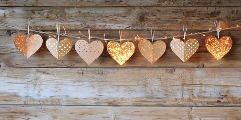 DIY heart-themed garland with paper cutouts and glitter.