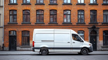 Delivery van parked by a brick building.