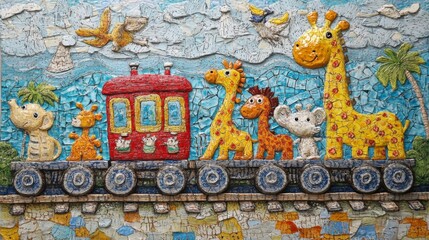 Fototapeta premium Colorful Animal Train Illustration Featuring Playful Giraffes, Elephants, and Monkey in Cheerful Setting with Bright Sky and Vibrant Background