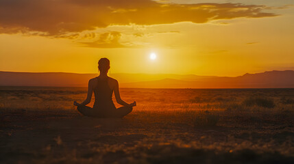 Woman Meditating at Sunset in Serene Landscape with Vibrant Orange and Yellow Sky and Silhouette Against Nature