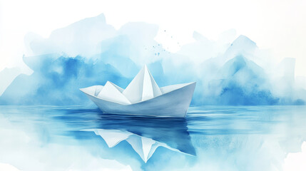 Obraz premium charming white paper boat gently floats on serene blue water, surrounded by soft blue hues