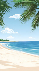 Fototapeta premium Tropical beach scene Palm trees frame a tranquil ocean view, perfect for travel brochures or summer vacation websites.