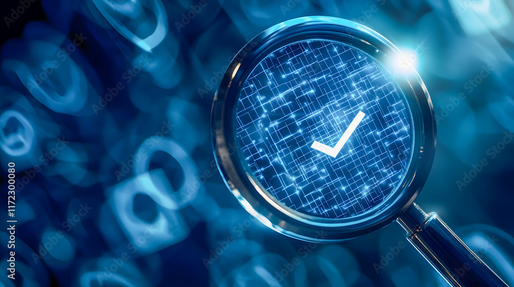 Poster magnifying glass highlighting digital checkmark on blue background with futuristic patterns and data