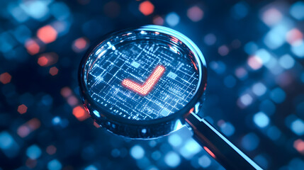Magnifying Glass Over Digital Check Mark on Technology Background with Glowing Data Points and Circuit Patterns