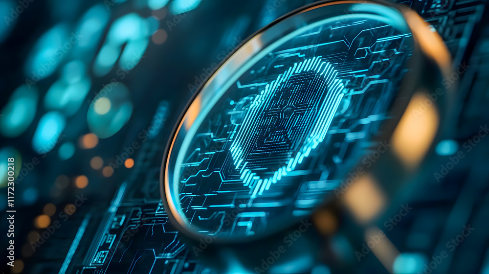 Poster high-tech security concept with digital fingerprint and magnifying glass representing data protectio